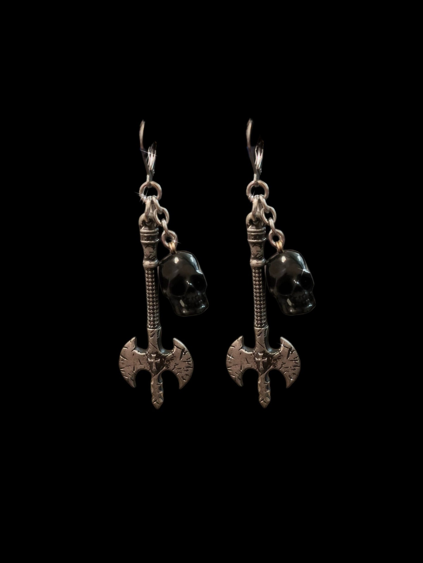 Handcarved Ox Skull- Axe earrings. Handmade - Stainless steel - Bone - Pewter - Medieval