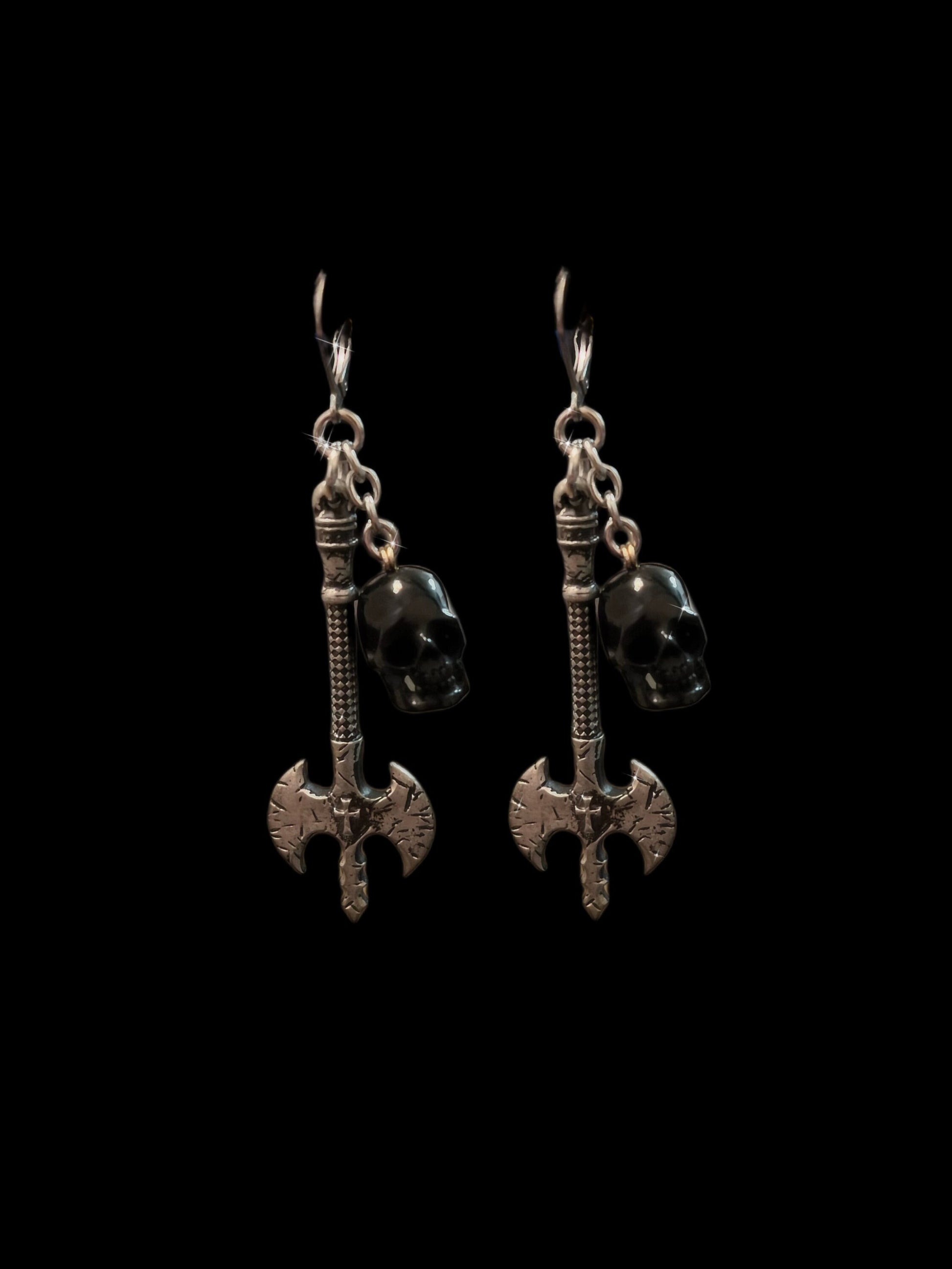 Handcarved Ox Skull- Axe earrings. Handmade - Stainless steel - Bone - Pewter - Medieval