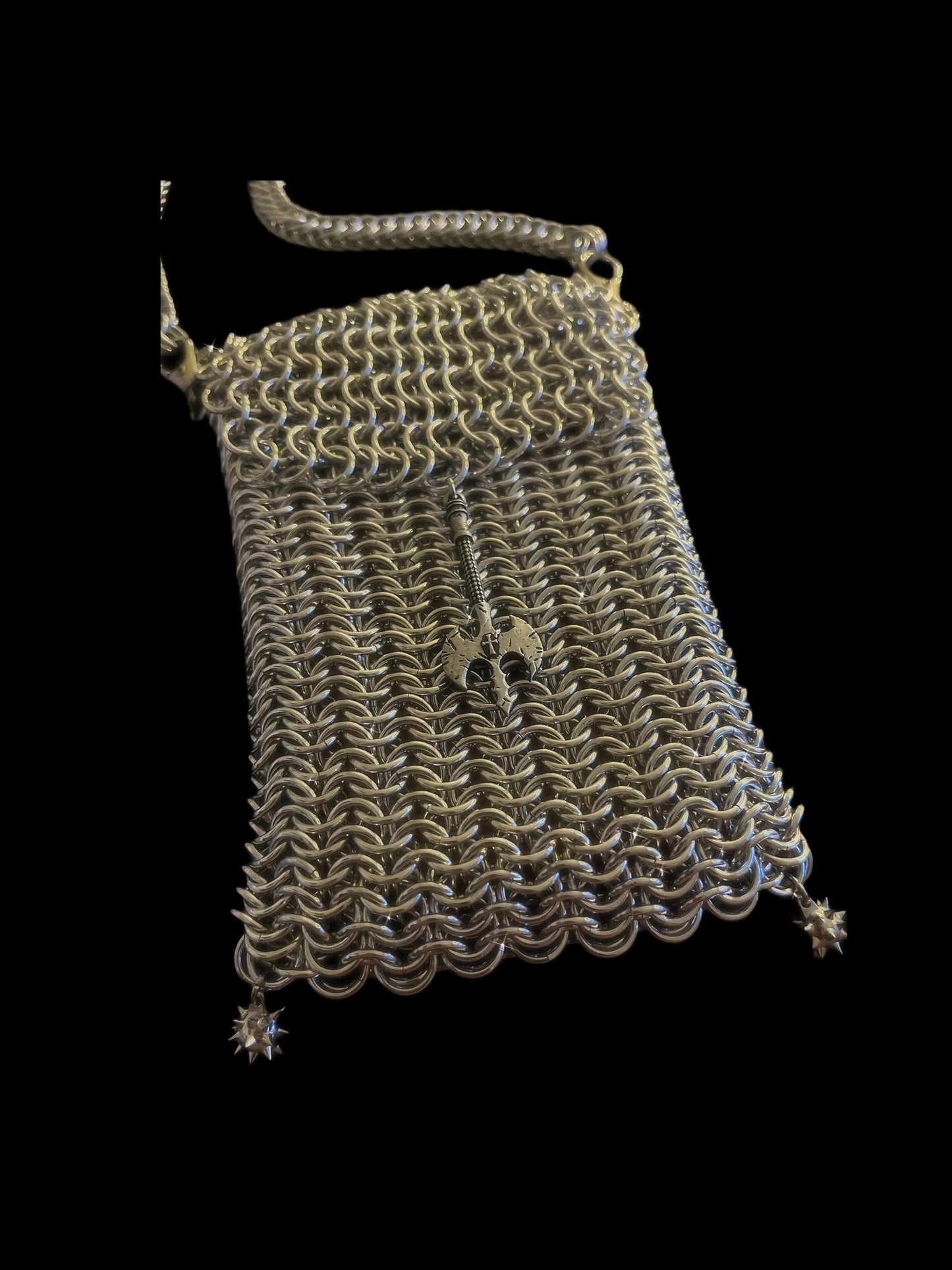 Chainmaille 2 in 1 shoulder purse with flails and axe. Handmade - Chainmail - Bag - Pouch - Mace - Morning star - Aluminum - Stainless steel